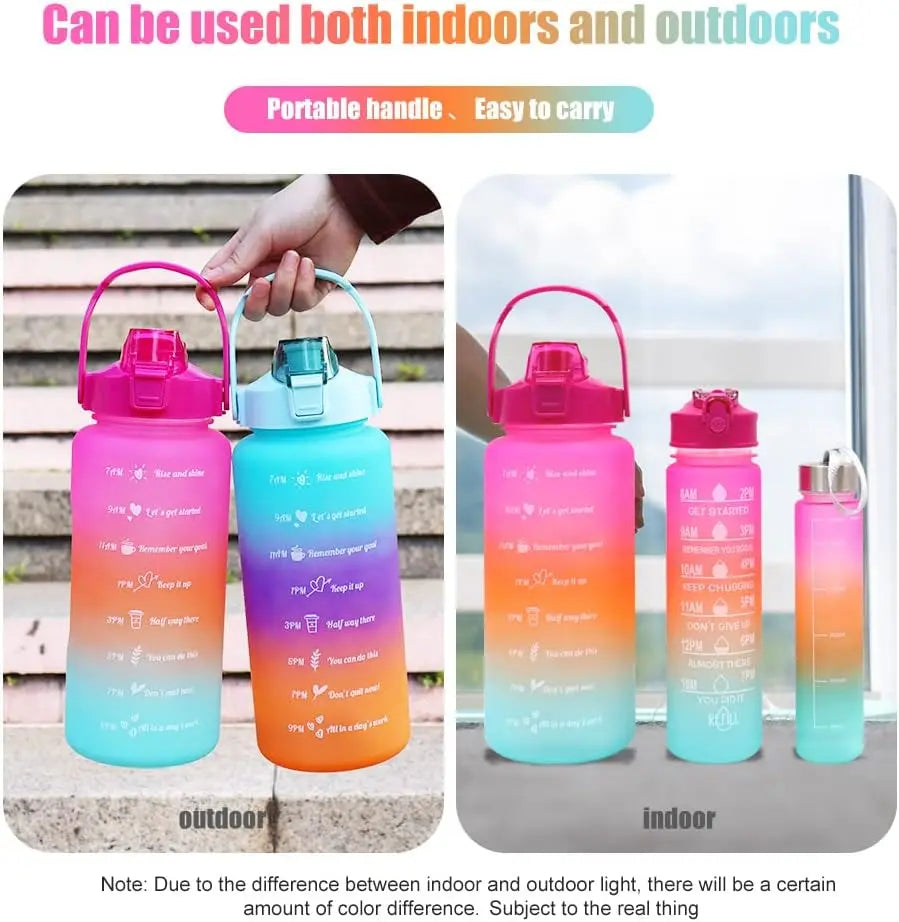 Pack de 3 botellas de agua deportivas con pajita antigoteo (2L, 900ml, 300ml)
