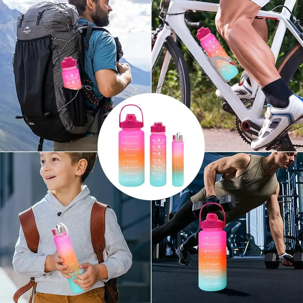 Pack de 3 botellas de agua deportivas con pajita antigoteo (2L, 900ml, 300ml)