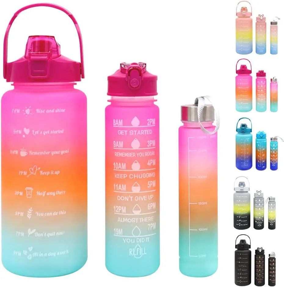 Pack de 3 botellas de agua deportivas con pajita antigoteo (2L, 900ml, 300ml)