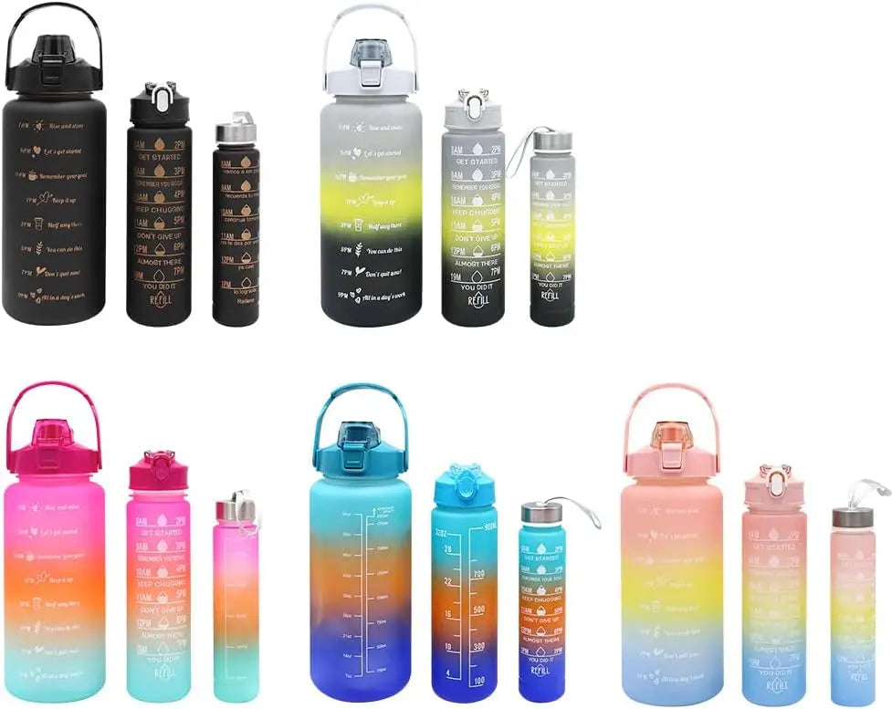 Pack de 3 botellas de agua deportivas con pajita antigoteo (2L, 900ml, 300ml)