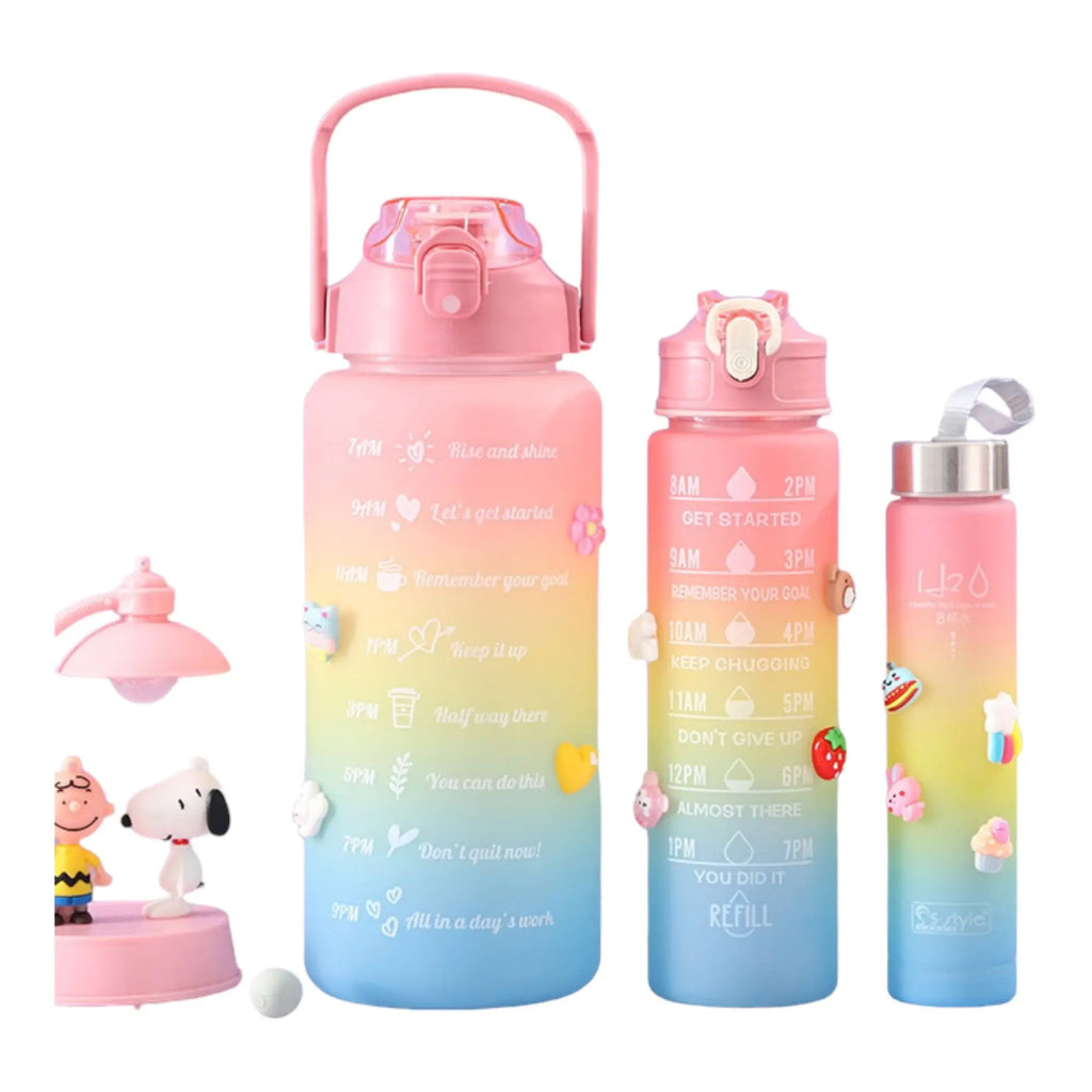 Pack de 3 botellas de agua deportivas con pajita antigoteo (2L, 900ml, 300ml)