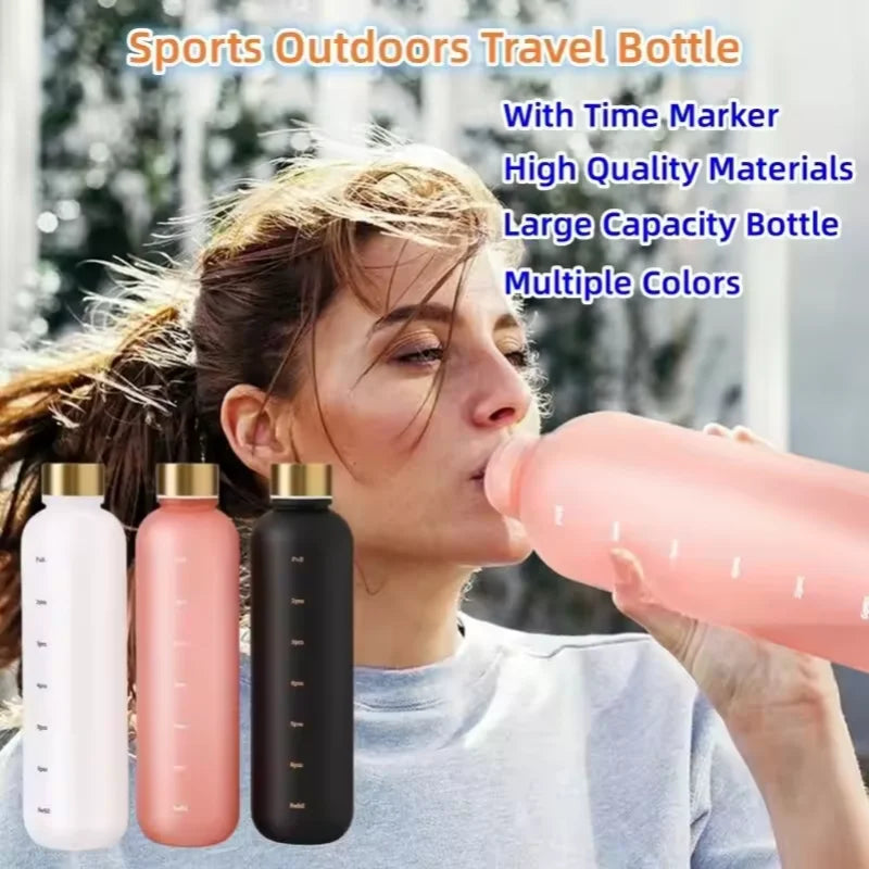 Botella deportiva 1000ml con marcador de tiempo, antigoteo