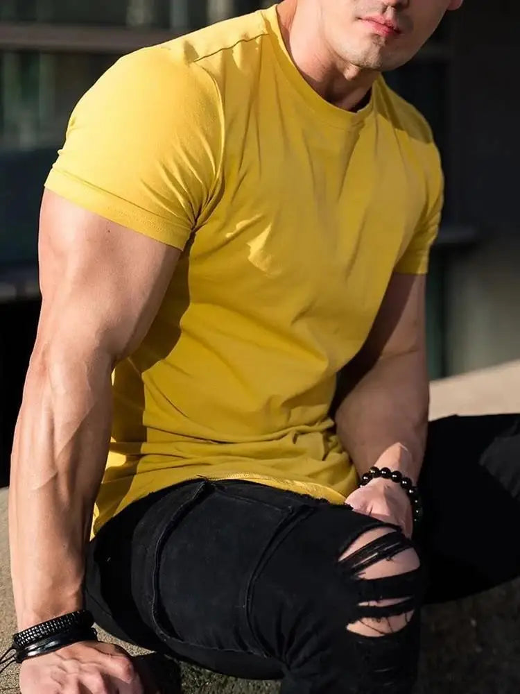 Camiseta de fitness músculo, manga corta, algodón