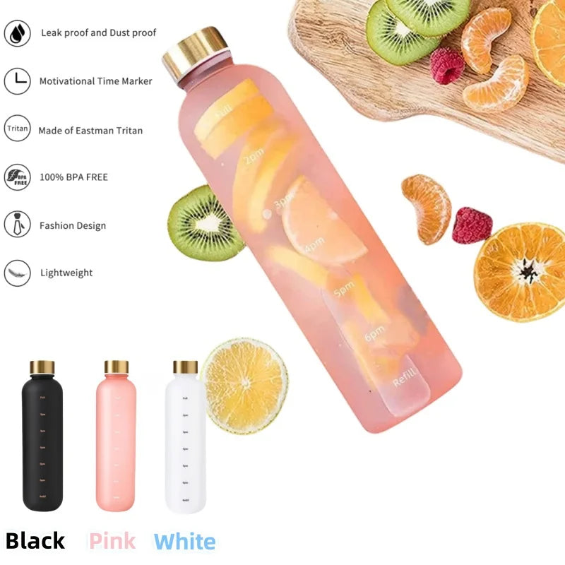 Botella deportiva 1000ml con marcador de tiempo, antigoteo